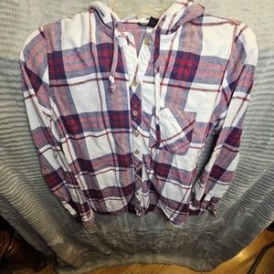 Joe Boxer Plaid Flannel Hoodie Shirt Red White Blue Casual Long Sleeve